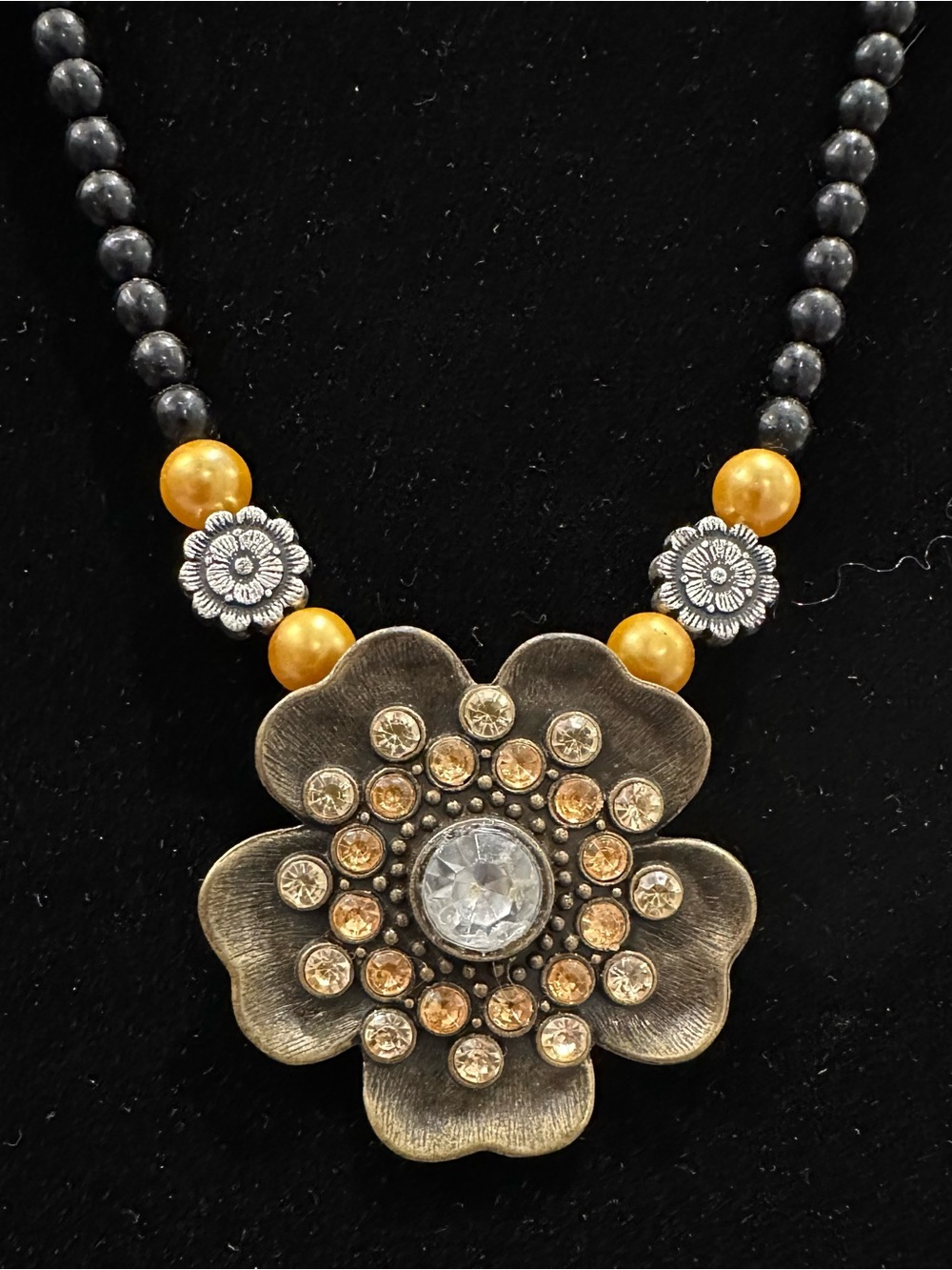 Handmade Statement Necklace Antique Brass Flower Pendant Boho Beaded Jewelry